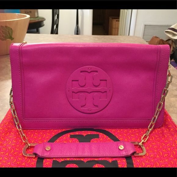 Tory Burch Handbags - Tory Burch Pink Leather Bombe Clutch Shoulder Bag